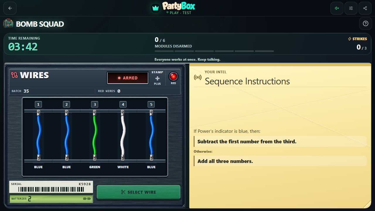 Bomb Squad puzzle module with module controls and an intel tab.