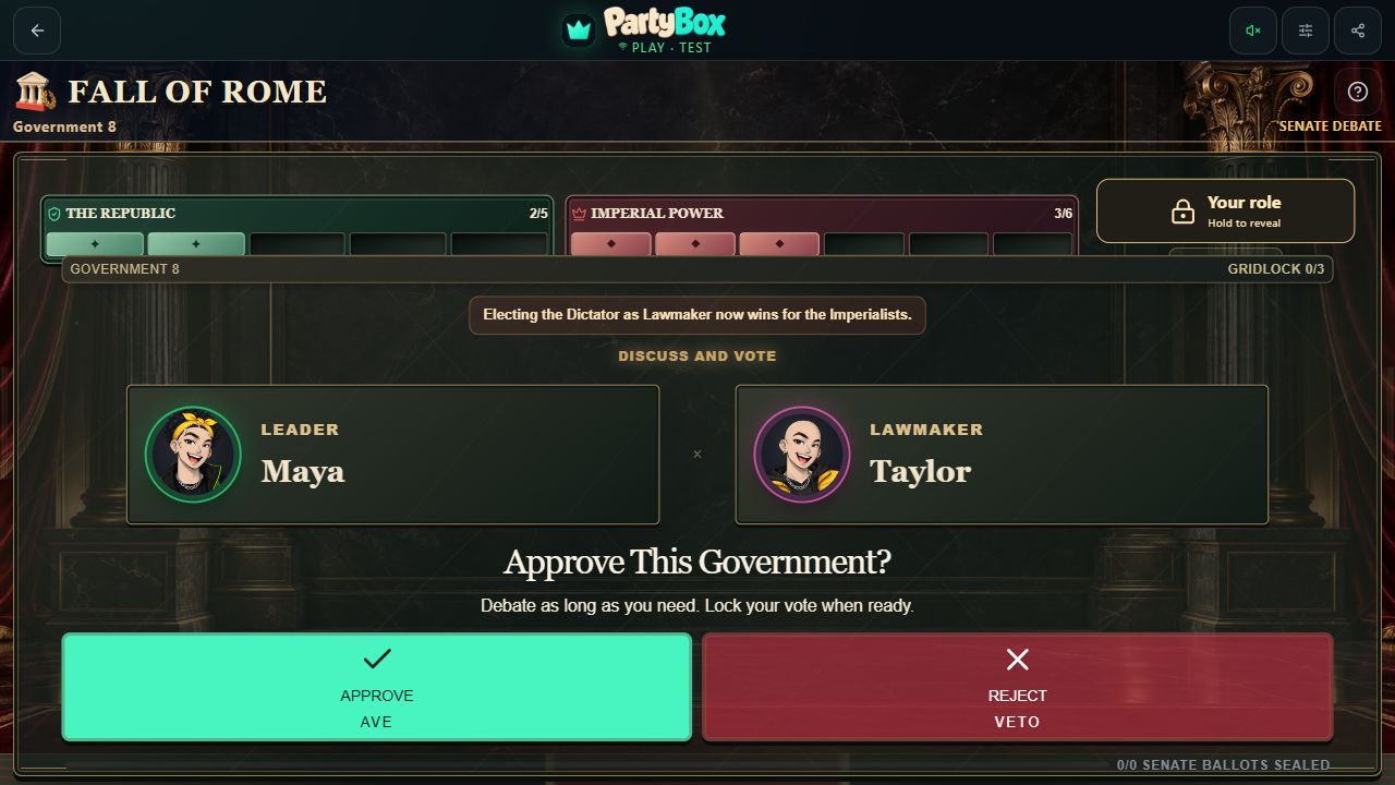 Écran de gouvernement de Fall of Rome avec sénateurs et commandes privées de vote ou de lois.