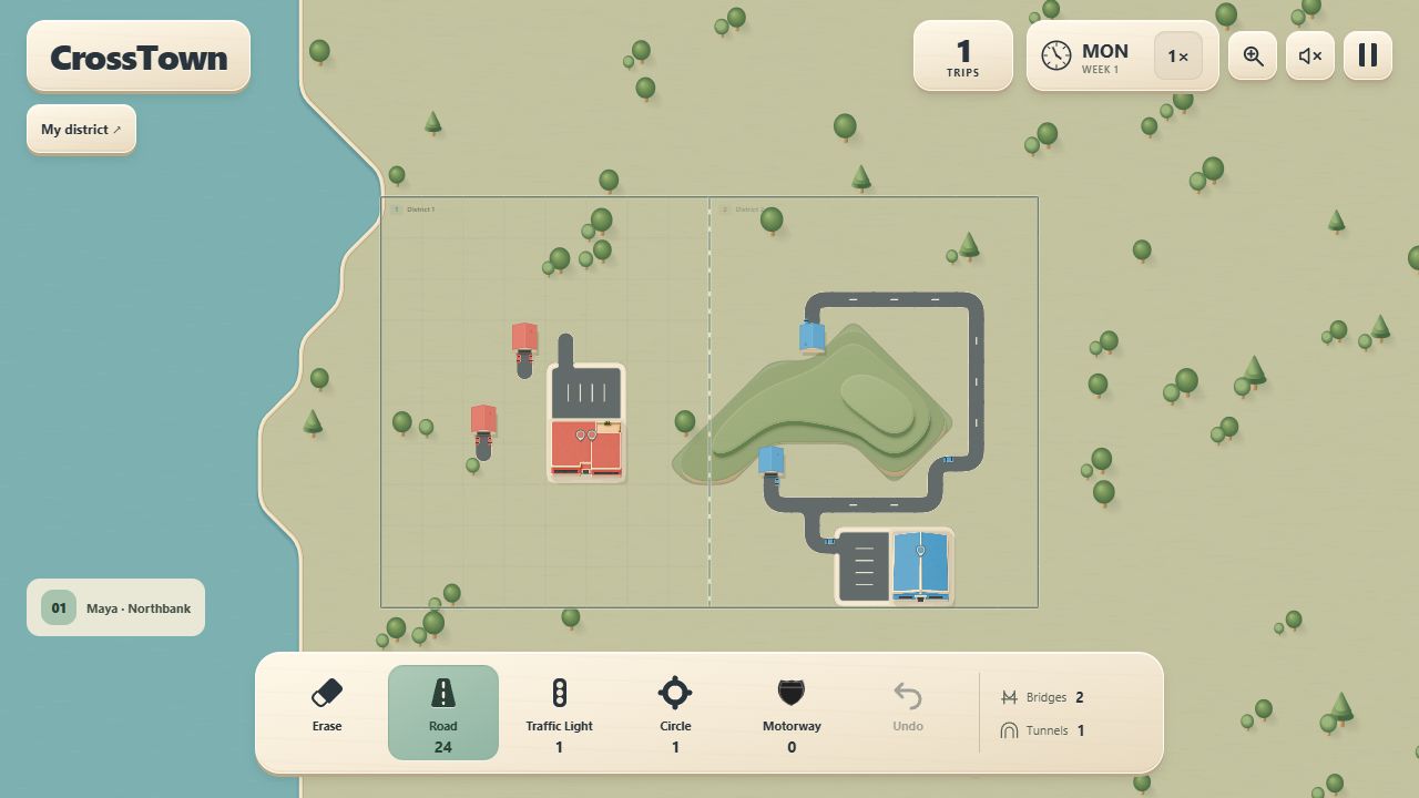 CrossTown city map with homes, destinations and player-built roads.