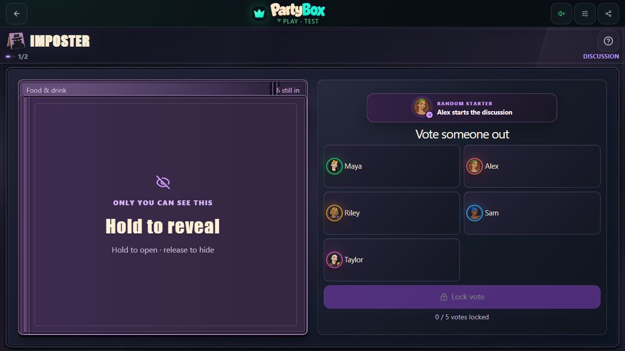 Imposter spoken-clue round with a player roster and private word or role controls.