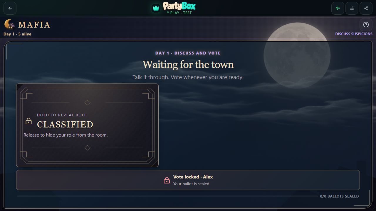 Mafia game screen with private roles and day or night actions.