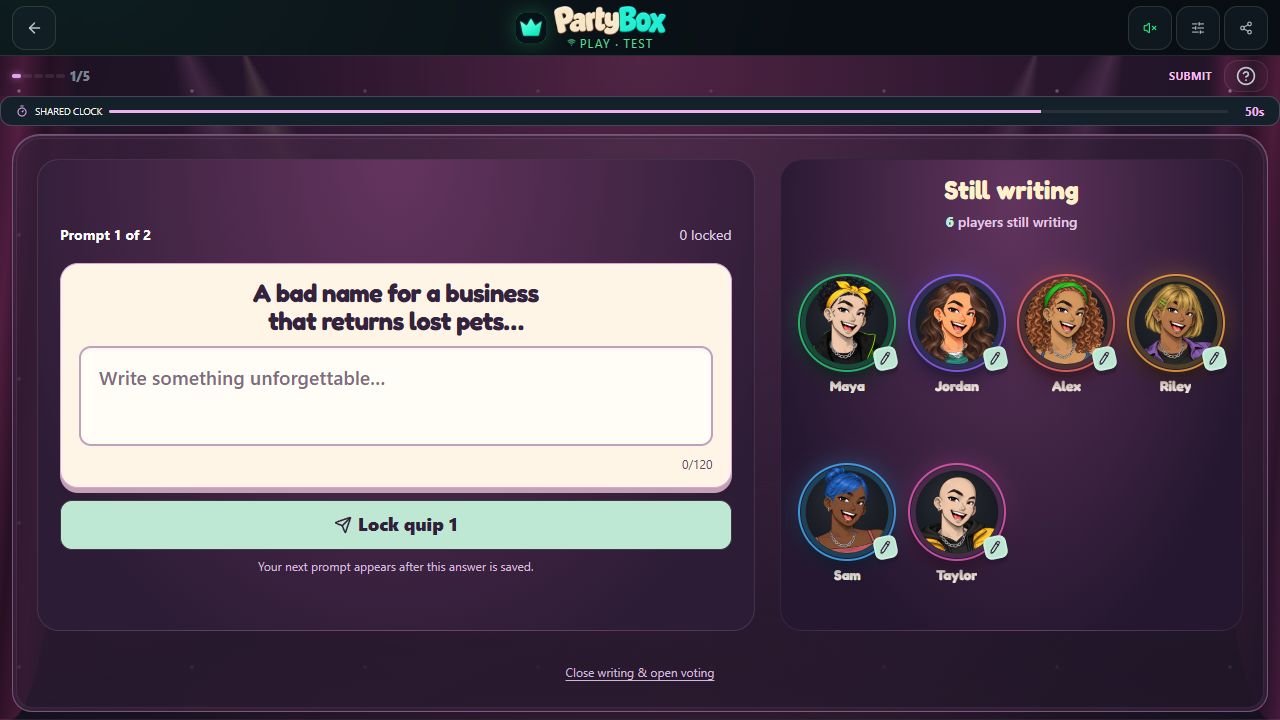 Punchline matchup with two written answers and voting controls.