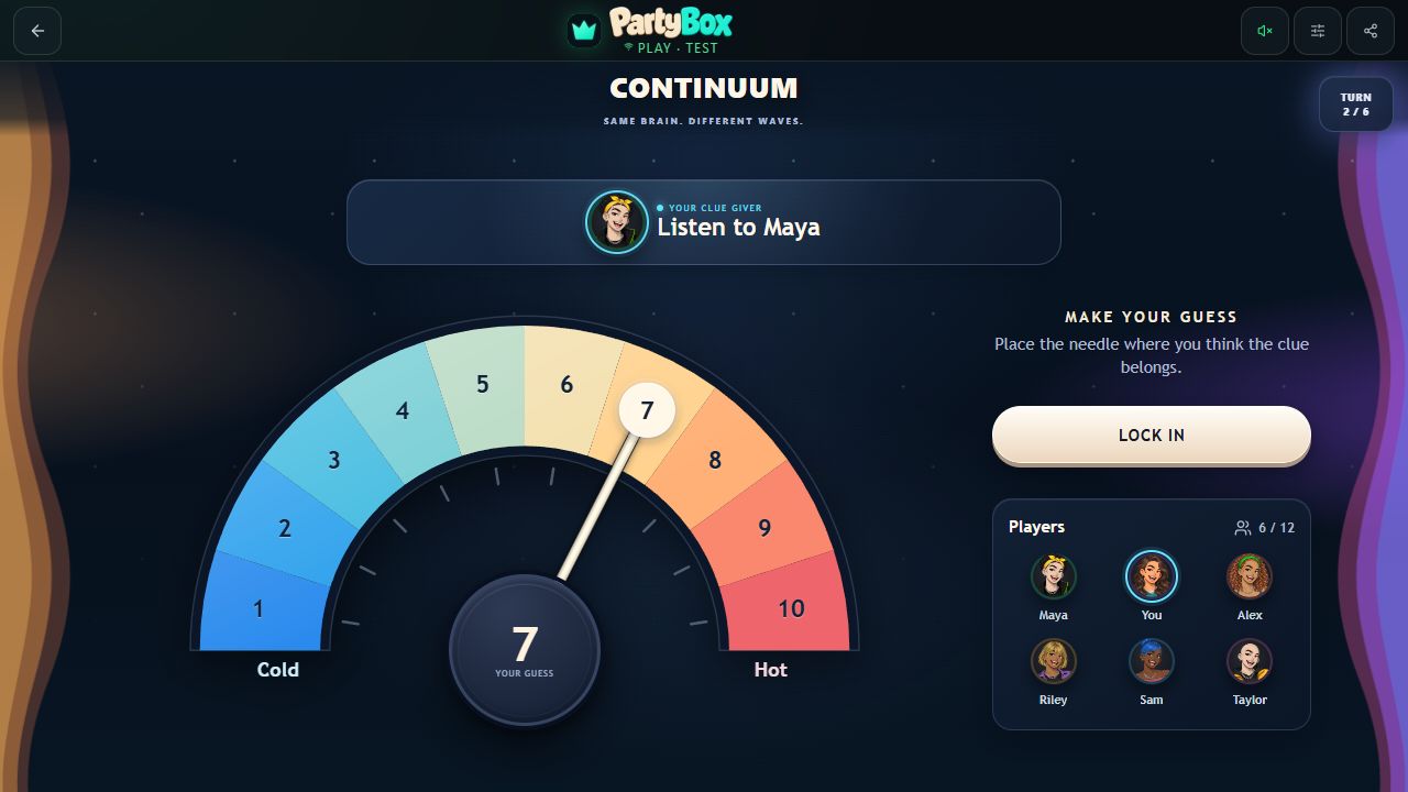 Pantalla de respuestas de Continuum con un dial numérico privado entre Frío y Caliente.