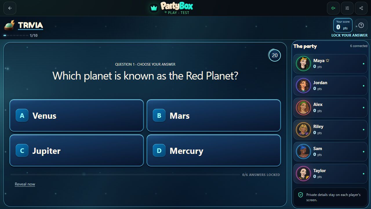 Trivia question screen with four answer choices and a shared timer.