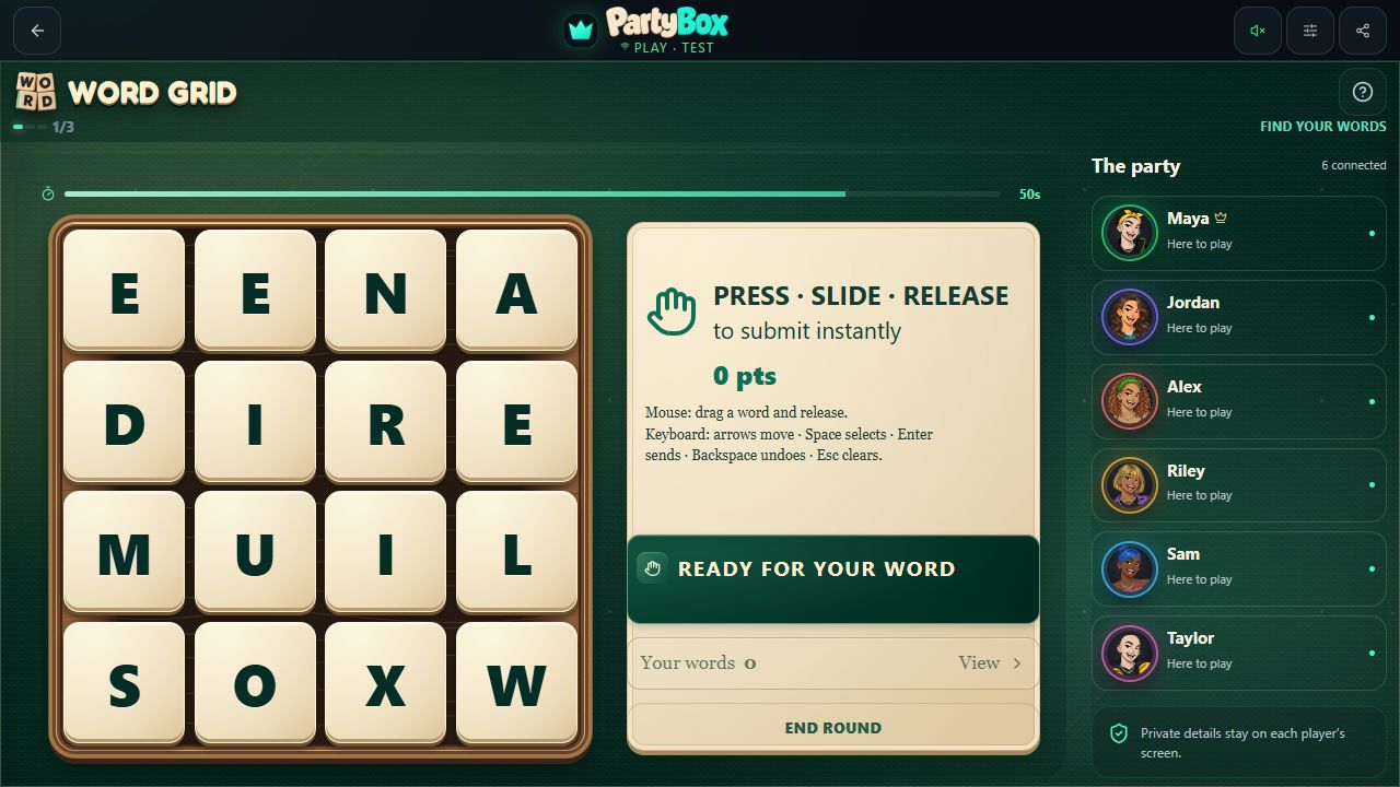Word Grid letter board with word tracing and a shared timer.